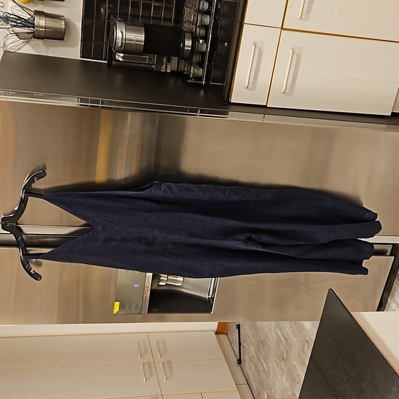 💕FRESH LAUNDRY💕 100% Linen Cropped Wide Leg Jumpsuit Blue Large *Flawed* NWOT - Picture 2 of 16